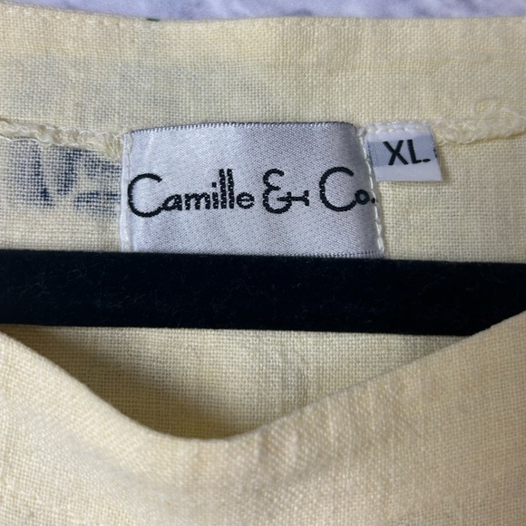 Camille & Co. Yellow 3/4 Sleeve Linen Blouse with Blue and Burgundy Roses. - Picture 4 of 7